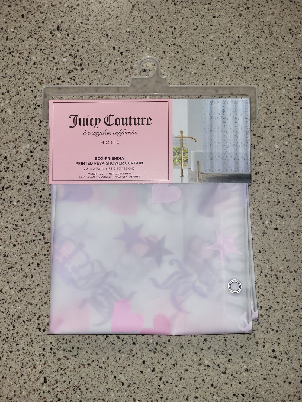 Juicy Couture PEVA Shower Curtain Pastel Hearts JC Monogram Crowns Stars 70x72